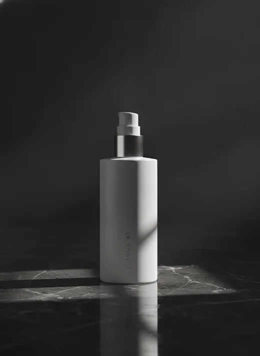 AI product shot sample: cosmetic bottle on dark marble
