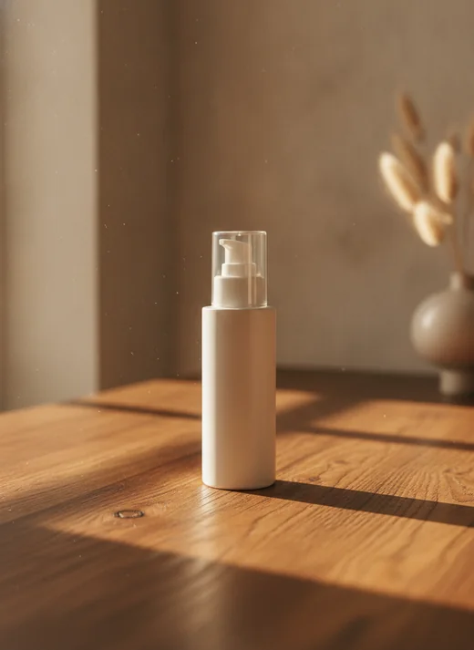 AI product shot sample: cosmetic bottle on warm wood