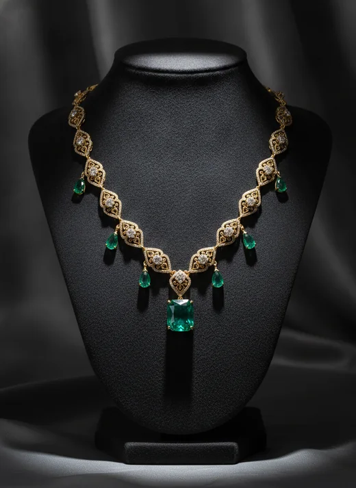 AI product shot sample: emerald necklace