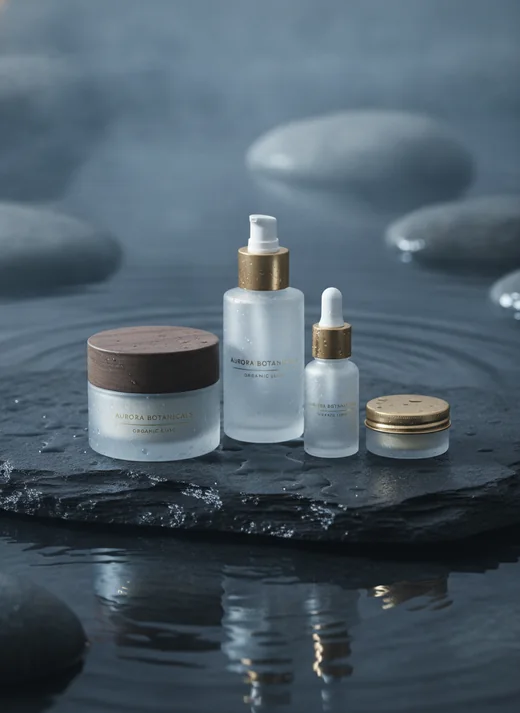 AI product shot sample: skincare jars on basalt